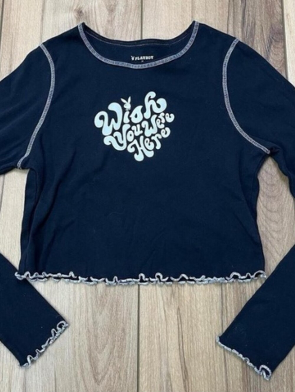Playboy × Pacsun 'Wish You Were Here' Black & White Long Sleeve Crop Top (M)